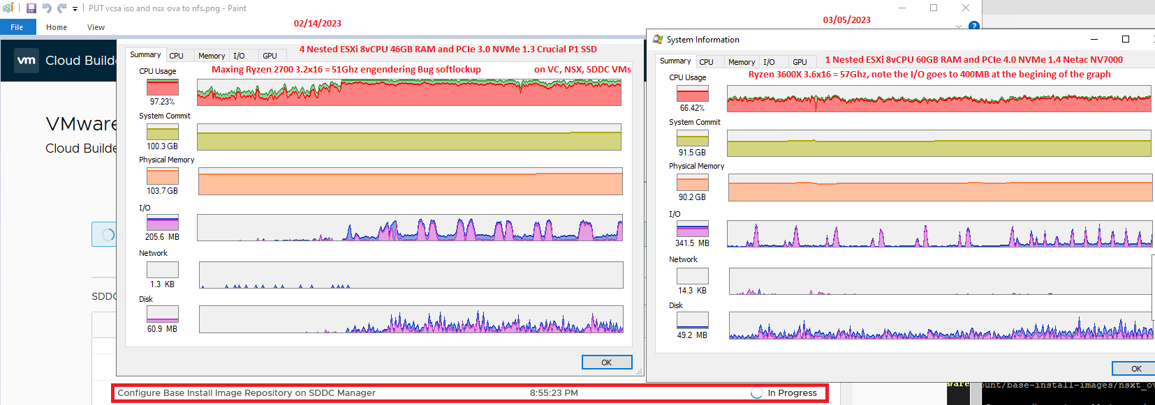 **Comparing CPU I/O Usage During VCF SDDC Management Bringup on 4 vs 1 Nested ESXi Node**